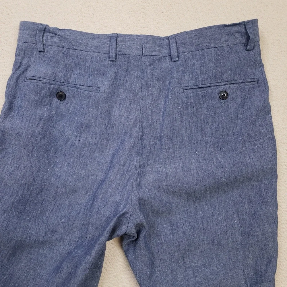 Tommy Hilfiger Dress Pants Men 32x32 Blue 100% Linen Flat Front Trousers Raw Hem
